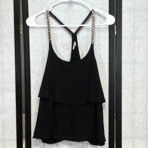 Vanity Black L Beaded Strap Tiered Layered Ruffled Flowy Tank Top Y Back